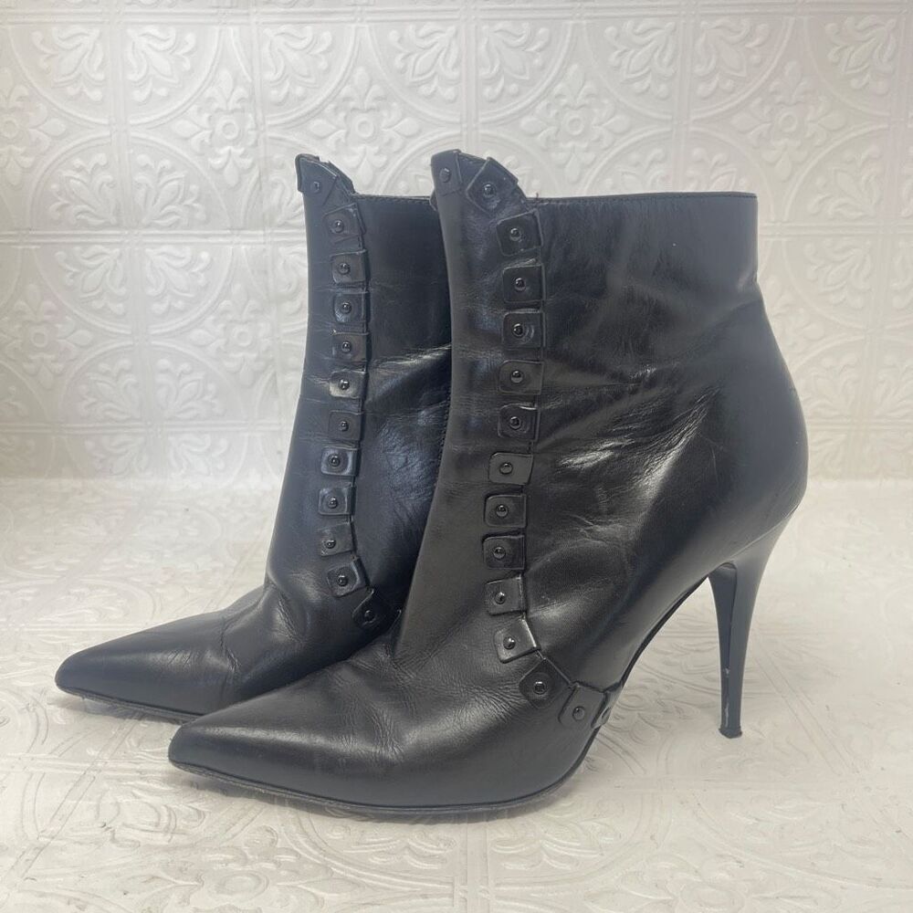Burberry Italian Black Calf Leather Pointed Toe Stiletto Zip Ankle Boots - Size